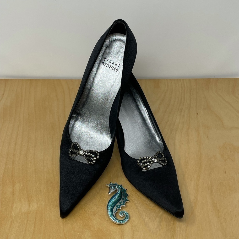 Stuart Weitzman Black Suede Heels with Seahorse Embellishment